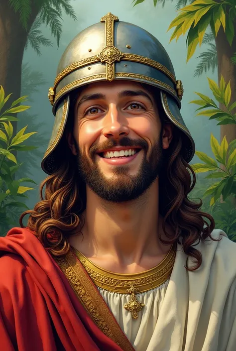 Jesus smiling looking natural with medieval helmet and Spanish conquistador costume, that it can be seen on a plate from the waist up, in the background like the jungle with plants. the image that is illustration style like a drawing