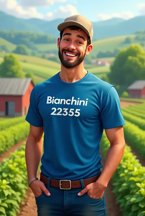 A happy farmer wearing a blue t-shirt with the word Bianchini 22555