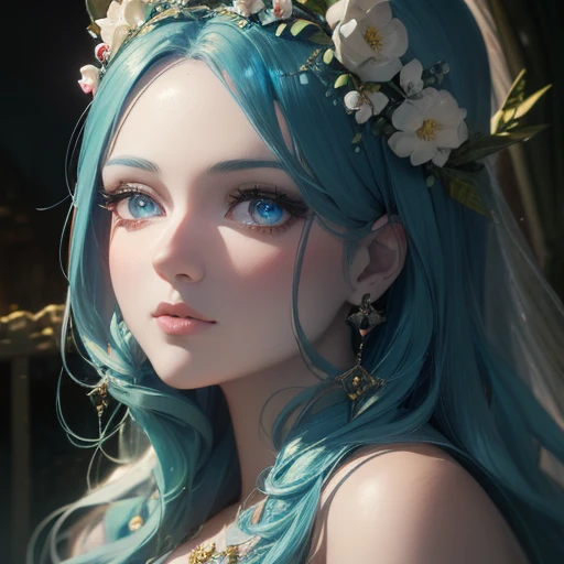 photorealistic, 1girl, Persephone the goddess of spring and queen of the underworld, salmon colored hair, cyan blue dress, detailed face, beautiful detailed eyes, beautiful detailed lips, extremely detailed face and eyes, long eyelashes, intricate details,...