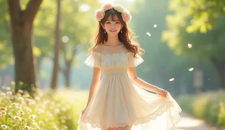 Ultra high quality，High heel，Long legs，Smile，Sunlight，Lace off-the-shoulder，White Dress，Wear flowers on your head，student，charming，Ribbon