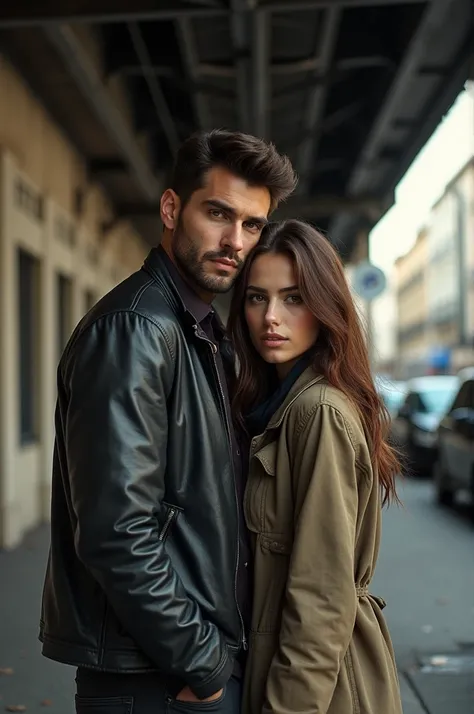 Couple avec un homme très beau, brun et barbe courte et une femme cheveux chatains magnifique et mâchoire carrée, vivant sous un pont comme des clochards dans une rue de Paris