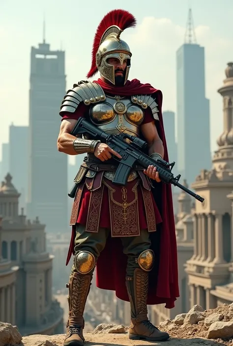 create an image of what a Roman soldier would look like in the 21st century; combine the characteristic armor of the Roman soldier with a characteristic uniform of the 21st century 