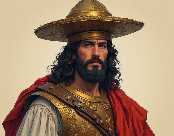 A full-body Spanish conquistador from the past but with the face of Jesus of Te Chosen who also has the typical Spanish medieval helmet, with style like a drawing