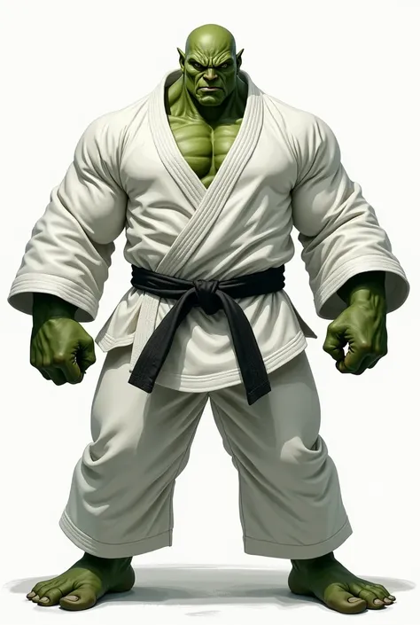 HULK WITH THE GREEN BODY, WITH A WHITE JIU JITSU KIMONO WITH LONG ARMS , black Belt, GIANT MUSCULAR, fully body, drawing style