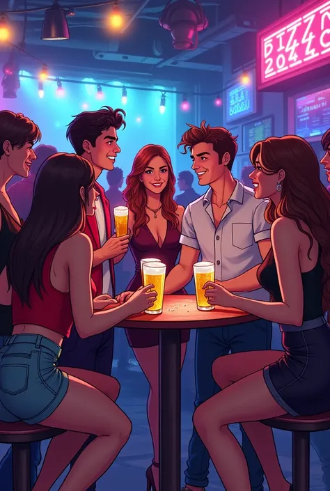 An image of boys with women and beers in a club in a cartoon-type image