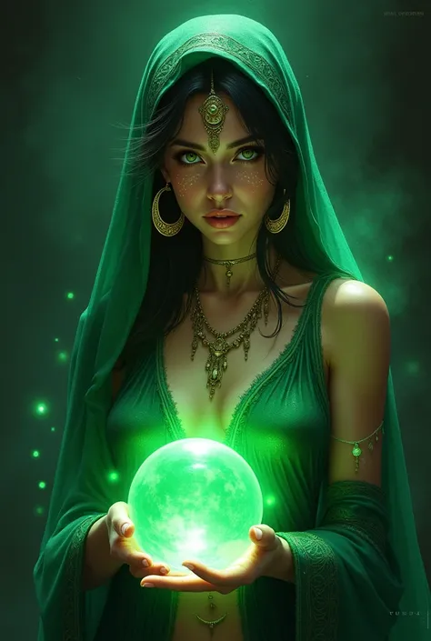 Mystical Emerald Gypsy, sensuous, with a green scarf on her head, gold hoop earring, magie, with crystal ball, drawing on the face, avatar, green aura,  green vests, black backdrop,