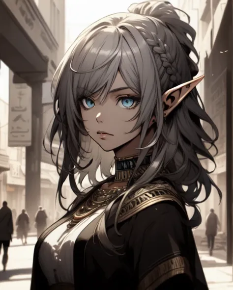 ((best quality, 8k, masterpiece :1.3)), young elf woman,  bangs, sidelock, braid, silver hair, bright eyes, egypt concept, egypt...