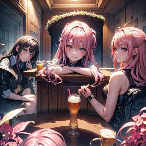 masterpiece, best quality, ((3 girls)), ((multiple women)), ((sitting beside girls)), sitting, ((club background)), pink hair, k...