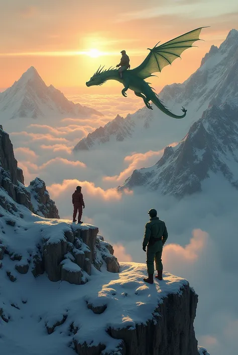 Snow-capped mountain peaks, On one of them there are two people in overalls with Russian Aerospace Forces patches, a man and a woman looking at a green dragon hovering below above the clouds with a rider on its back, time of day evening, sunset.