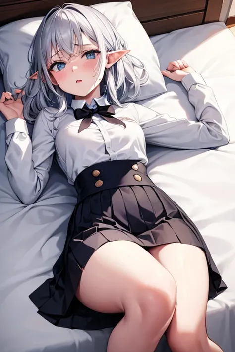 elf, silver hair, at the hotel, lying on a bed and crucified, school uniform, white shirt, skirt, open your mouth, raise your ha...