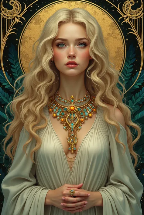 Illustration of the Norse goddess Freyja in her cloak of falcon feathers, wearing an elaborate Viking necklace of gold and jewels. Art Nouveau style.