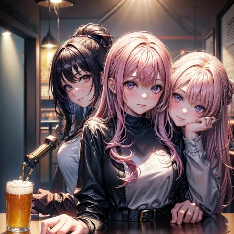 masterpiece, best quality, ((3 girls)), ((multiple women)), ((sitting beside girls)), sitting, ((club background)), pink hair, k...