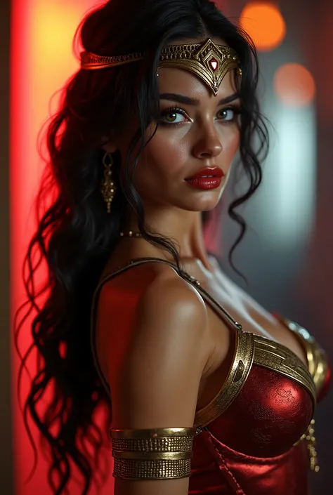 photorealistic, highly detailed, masterpiece, hyper-realistic, (Bella Thorne:1.2), 1girl, beautiful detailed eyes, beautiful detailed lips, extremely detailed eyes and face, long eyelashes, (busty bikini bigger:1.3), (wonder woman costume:1.1), middle ages...