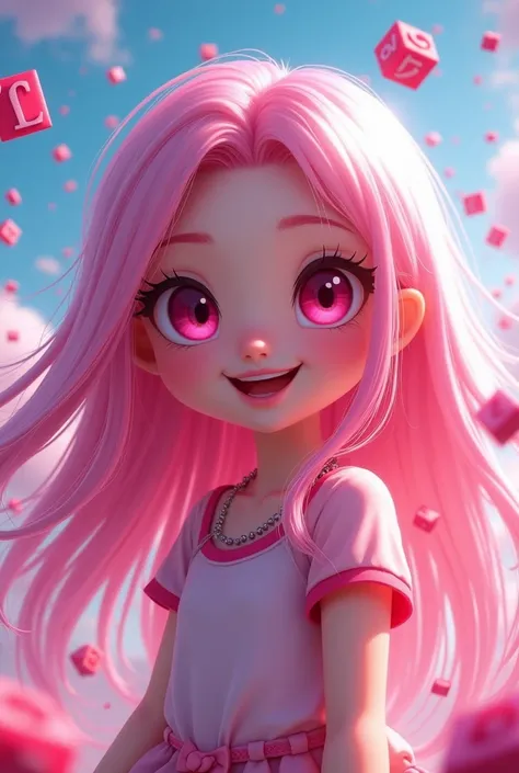 Roblox style poster of a girl with long pink hair, White skin, animated pink eyes, happy, what does Roblox say