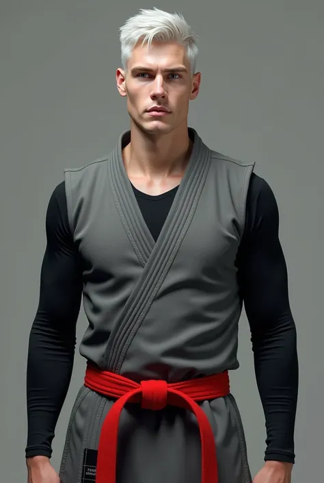 20 year old boy with pale white skin 
Pale white skin 
European nordic features 
Good body Wearing a tight black shirt Long sleeves , over it a grey karate suit sleeveless, and red belt
Realistic 
