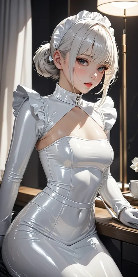 Portraiture、(masterpiece,Highest quality,Ultra-high resolution),Japanese women, (((A very beautiful 25 year old))),(White latex maid outfit)、(White latex long skirt)、(A long-sleeved white latex shirt covering the upper body)、White latex long gloves、White l...