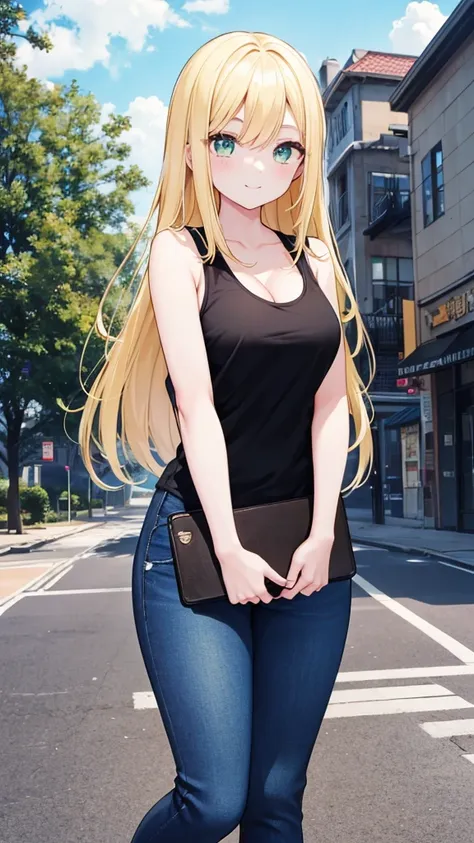 1girl, yellow hair, green eyes, smiling, black tank top, blue jeans, medium breast, looking at vewers, flipped hair, masterpiece, 8k, 16, 32k, shiny skin, UHD, frekles on her skin, bootcut, cleavage, HDR, 4K, 8K, High quality, Ultra high quality, big foreh...