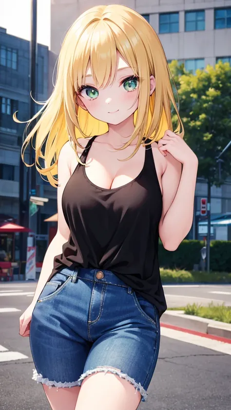 1girl, yellow hair, green eyes, smiling, black tank top, blue jeans, medium breast, looking at vewers, flipped hair, masterpiece, 8k, 16, 32k, shiny skin, UHD, frekles on her skin, bootcut, cleavage, HDR, 4K, 8K, High quality, Ultra high quality, big foreh...