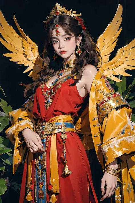 (Ultra-detailed, photorealistic, best quality, 4k, 8k, highres, masterpiece:1.3), (regal, divine fashion), 1 female, age 18, fair skin, majestic and proud expression, shes wearing a Hera-inspired gown, featuring rich red and gold brocade, adorned with peac...