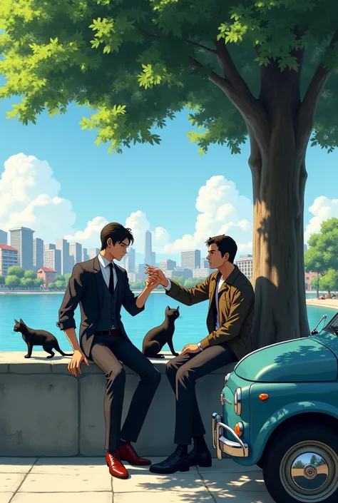 Make a picture of Lupin The Third from part 5 with his suit included but without the jacket,with rolled up sleeves and petting a black cat under a tree while sitting on a small concrete wall while looking at the landscape which is a small city with a lake ...