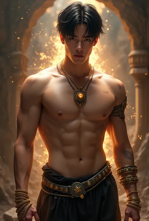 K-pop idol, male, Korean, shirtless, jewelry, dnd style, black hair