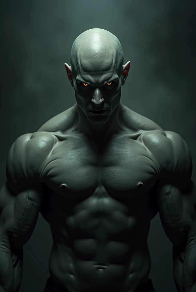 (photorealism:1.2), male figure, slitted yellow eyes, sinister, dark, evil, bald, muscular, 