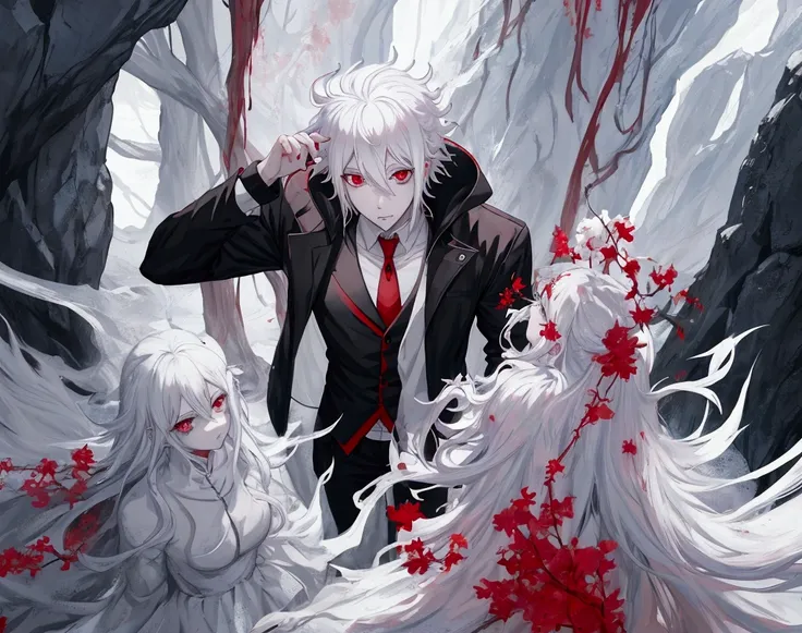 anime character with white hair and red eyes standing in a cave, jujutsu kaisen, best anime 4k konachan wallpaper, digital art from danganronpa, anime wallaper, , nagito komaeda, advanced digital anime art ”