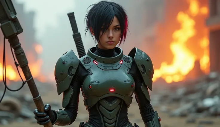 Cyberpunk woman Mech Warrior, Armour, beautifull face, 40 years old, short dirty black hair with pale red stripes, fighting pose, Holding a Staff, Wide Shot, post-apocaliptic background in fire, photo epic, epic cinematic shot, pure form, intricate detail,...