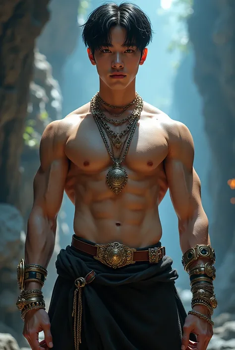 K-pop idol, male, Korean, shirtless, jewelry, dnd style, black hair
