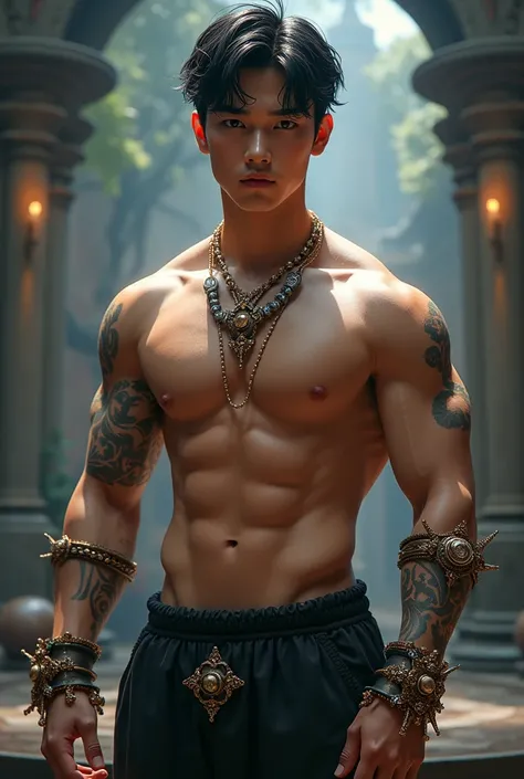 K-pop idol, male, Korean, shirtless, jewelry, dnd style, black hair
