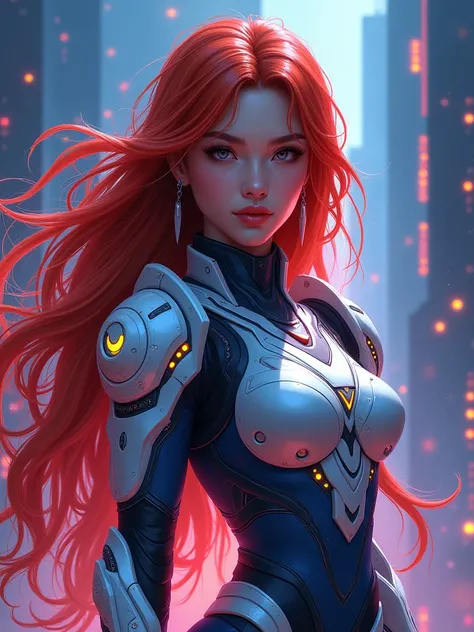 A 16K resolution splash art image of a Vietnamese StarCraft heroine with a fiery red hair and indigo highlights. She has striking eyes and full lips, reflecting her determination. The heroine is wearing Rococo-inspired armor adorned with energy blades and ...