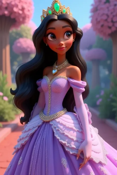 a princess in the disney pixar style, with emerald crown, light skinned black, Lilac sparkling dress, long flowing dress, glass slipper, gold necklace with heart shaped pendant