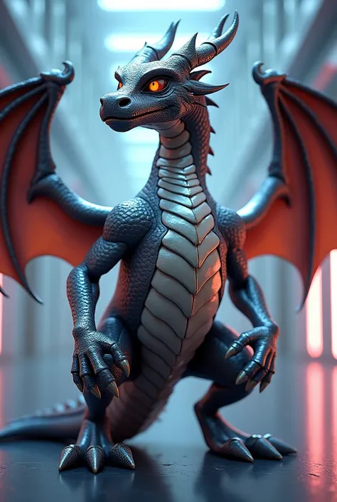 Lucky the dragon from MSI, set in a sleek, modern environment. He stands proudly with metallic scales that have a subtle glow, reflecting the technology around him. The background is a clean, minimalistic space with hints of neon lights, capturing the futu...