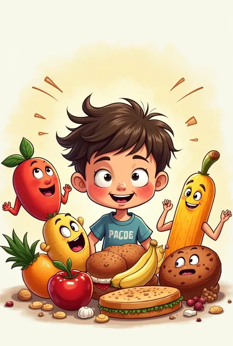 Cartoon drawing of a boy surrounded by various foods with different expressions (happy, surprised, etc.