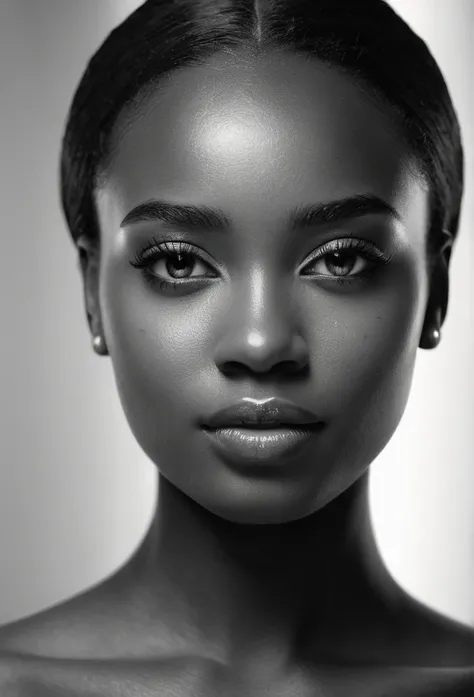 generates a professional 8k UHD photograph of the face of a 25-year-old girl, she is beautiful and African American, with depth of field, which shows the volume and 3D style in the photograph, it is black and white style, perfect lighting, a masterpiece , ...