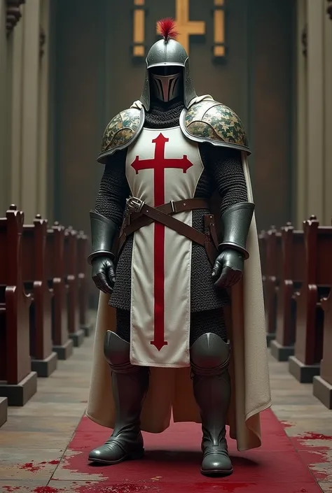 image of the templar army in the 21st century mix the templar soldier&#39;s armor with a camouflage helmet with a red crest modern white tactical vest with a large red cross painted on the vest , characteristic uniform of the 21st century dark gray militar...