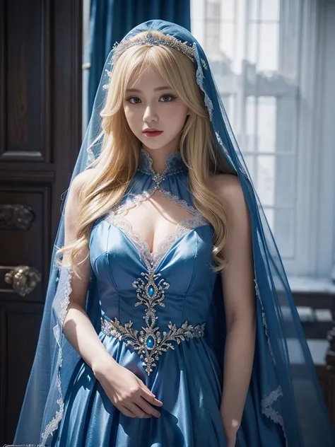 Wearing a blue dress and a veil、Blonde woman with a veil on her head, Beautiful fantasy maiden, Detailed fantasy art, Beautiful fantasy art, Blonde Princess, Art Station pixiv&#39;s artgerm, Beautiful maiden, ((Beautiful Fantasy Empress)), 2. 5d cgi anime ...