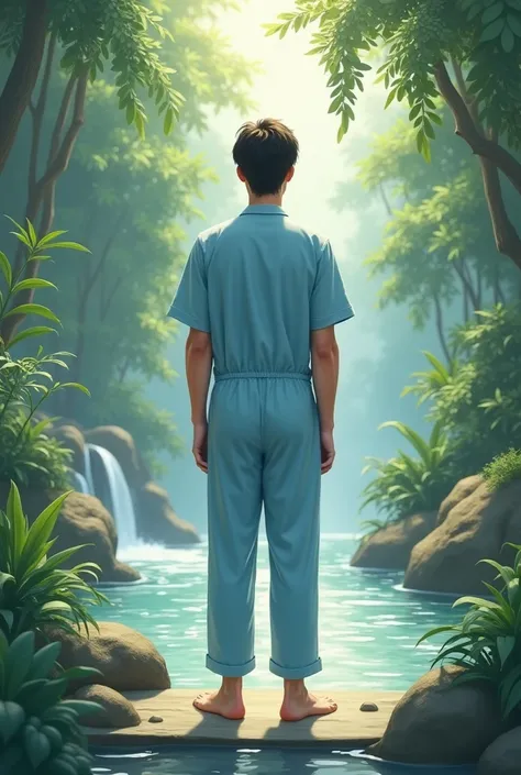 A barefoot short black haired white Caucasian male standing wearing a light blue nurse-style overalls in a spiritual environment 
