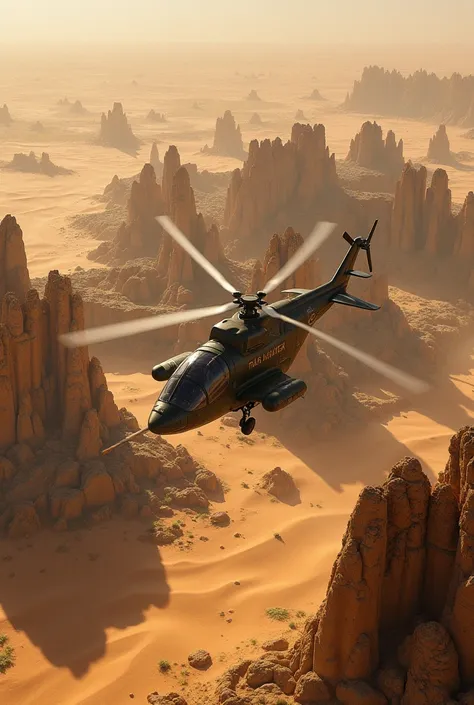 Aerial view of an African desert with a ruined city. A Tiger helicopter flies over the scene. 