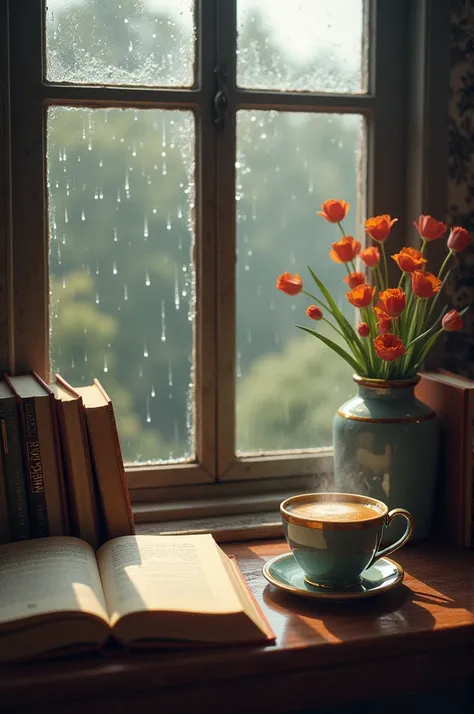 A photo of a book, coffee, a vase, a few books in the window and raining outside