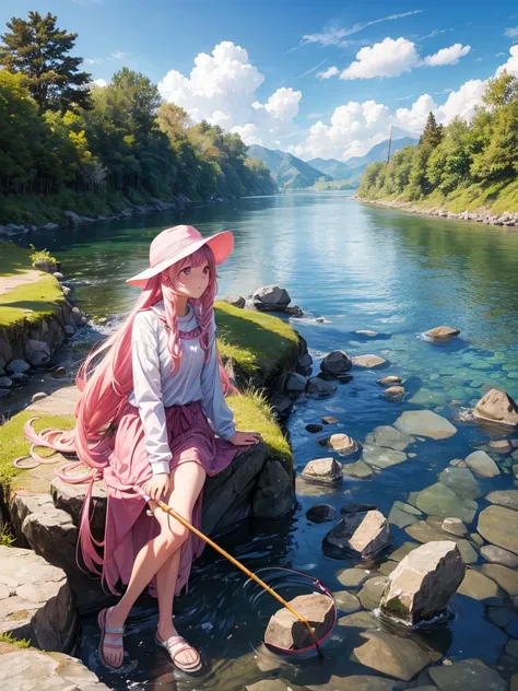 A girl with long pink hair is fishing on the rocks by the river