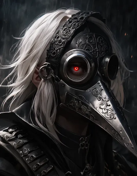 detailed plague doctor lamellar armor, (Iron reflective beak gas mask), WW2 gas mask with raven beak, Full face mask, portrait, white hair, red eyes , photorealistic, hyperrealistic, 8k, high quality, cinematic, dramatic lighting, dark fantasy, moody atmos...