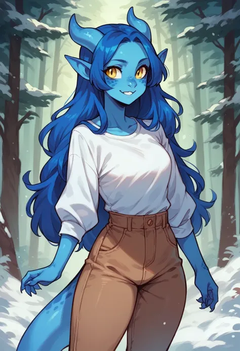 (Cowboy Shot) Adult kobold girl, with long blue hair, long hair, yellow eyes, and blue skin, small blue horns, in a white long-sleeve cotton shirt and brown pants, a snow forest, a small smile, and a tail.