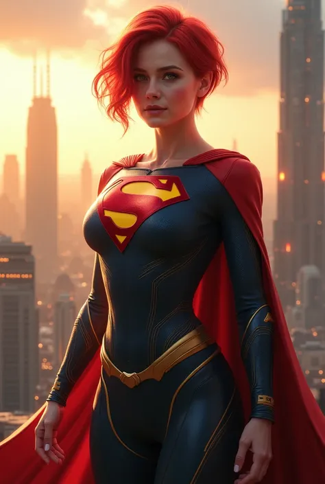 Female version of Superman with short red hair