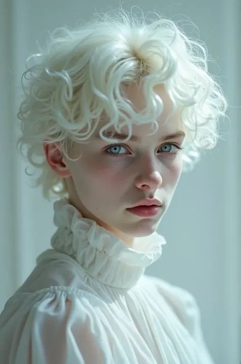 A teenage boy with white curly hair, white skin, white eyes 