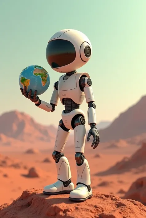 A sideways robot on Mars with pastel tone Standing holding planet earth with one hand