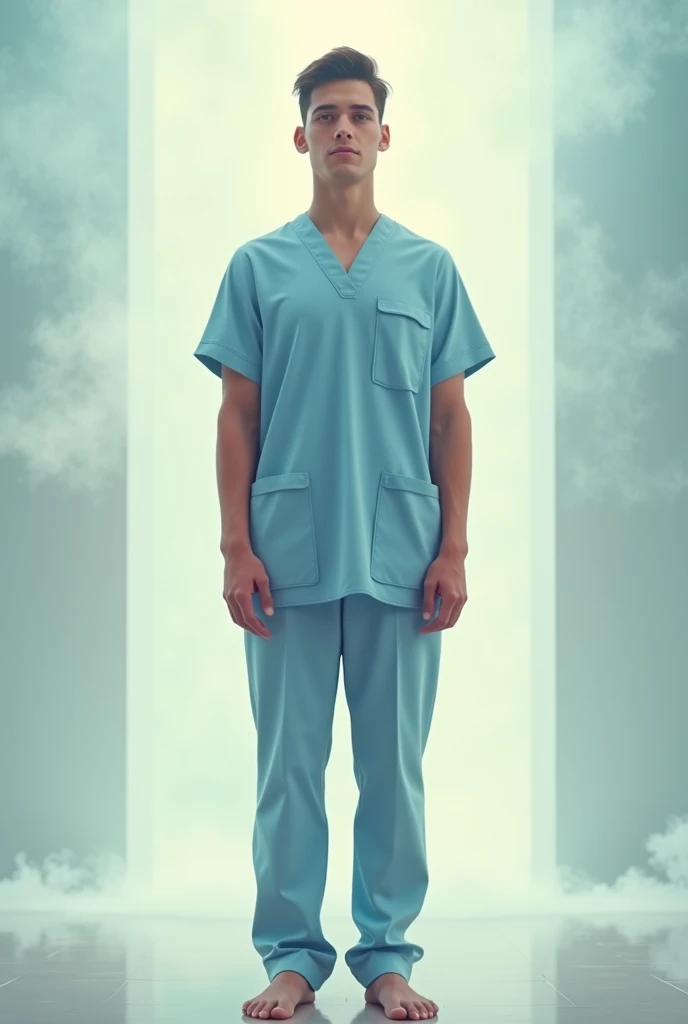 A barefoot short black haired white Caucasian male standing facing forward wearing a light blue nurse-type overalls in a spiritual environment 
