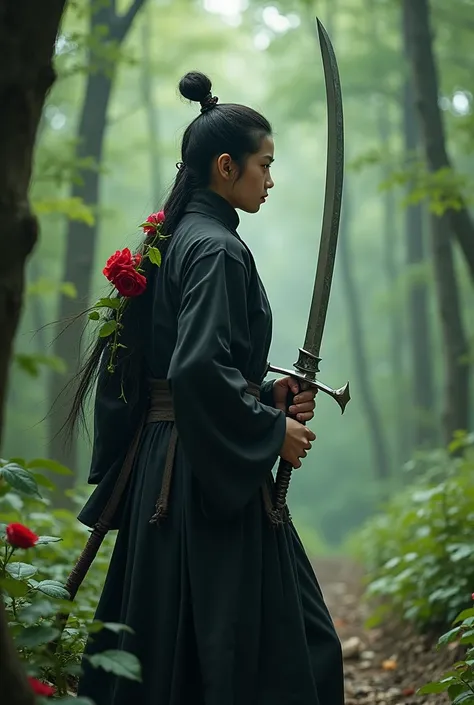 swordsmanship, Chinese, grown-up, up to 26 years of age, at a forest, holding sword made of rose stem, with strange arm, black clothing, old
