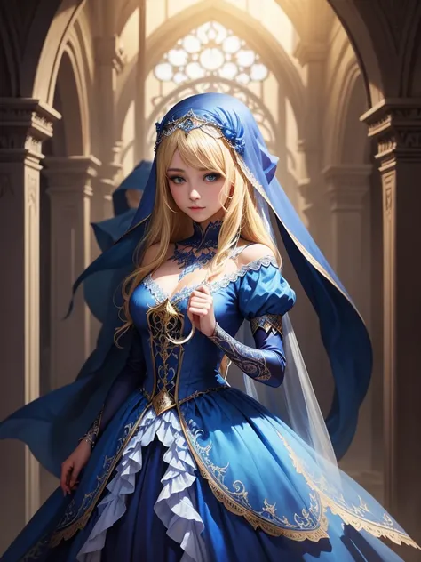 Wearing a blue dress and a veil、Blonde woman with a veil on her head, Beautiful fantasy maiden, Detailed fantasy art, Beautiful fantasy art, Blonde Princess, Art Station pixiv&#39;s artgerm, Beautiful maiden, ((Beautiful Fantasy Empress)), 2. 5d cgi anime ...