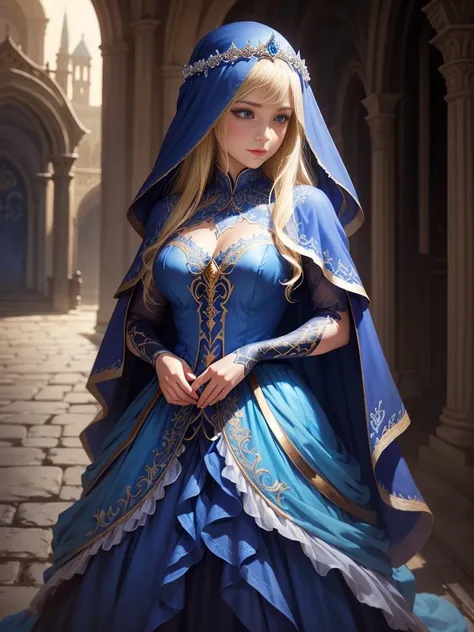 Wearing a blue dress and a veil、Blonde woman with a veil on her head, Beautiful fantasy maiden, Detailed fantasy art, Beautiful fantasy art, Blonde Princess, Art Station pixiv&#39;s artgerm, Beautiful maiden, ((Beautiful Fantasy Empress)), 2. 5d cgi anime ...